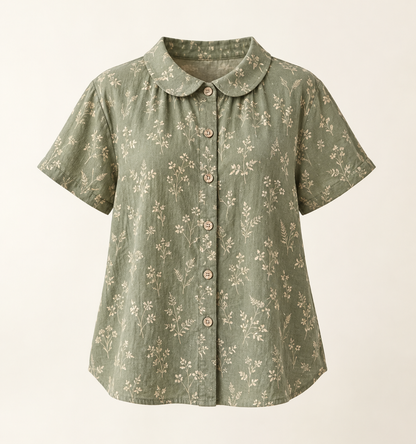 Sage Mori Kei shirt with cream botanical print, front view