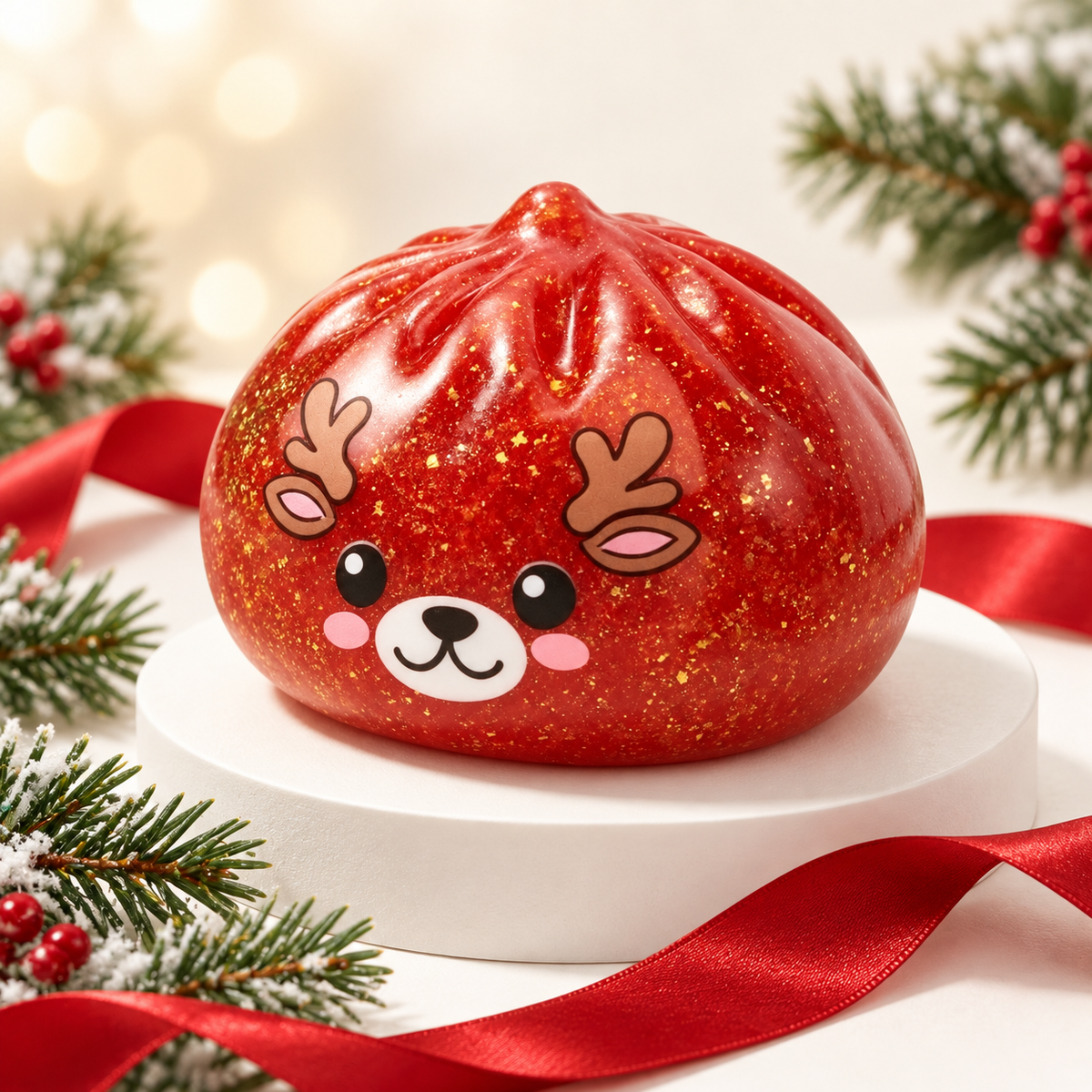 Red glitter reindeer dumpling squishy on a holiday display pedestal