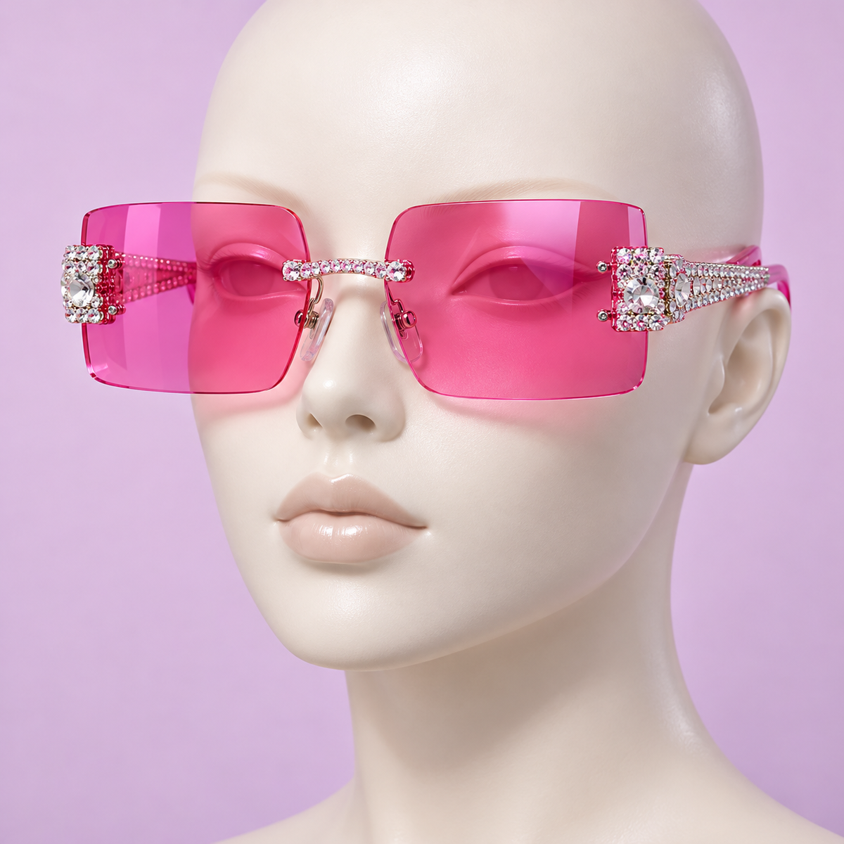 Hot-pink rhinestone sunglasses styled on a mannequin