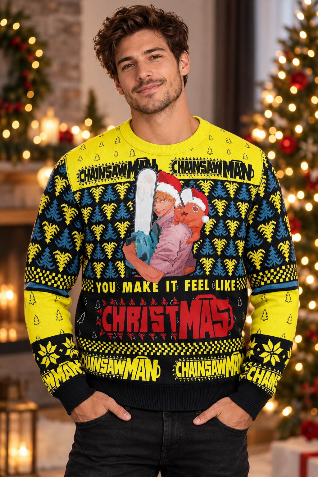Denji Pochita sweater worn in a professional holiday studio photoshoot