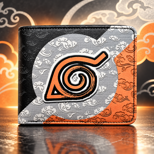Konoha Clouds wallet front view with orange leaf emblem and silver cloud scrollwork
