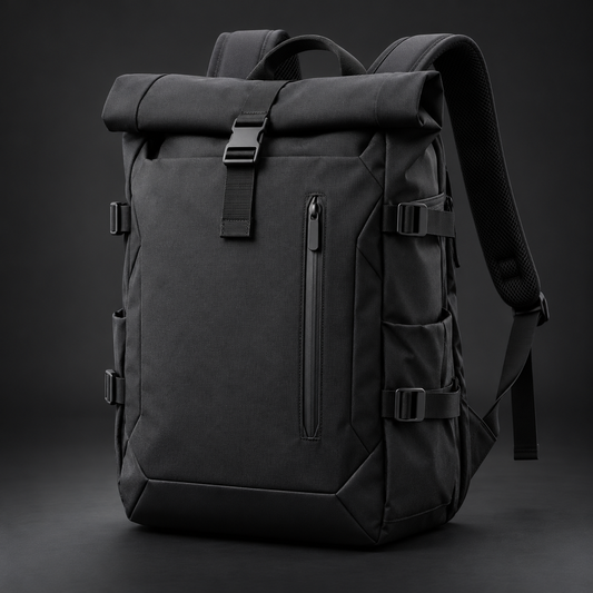 Black techwear commuter backpack with roll-top flap and vertical zip pocket
