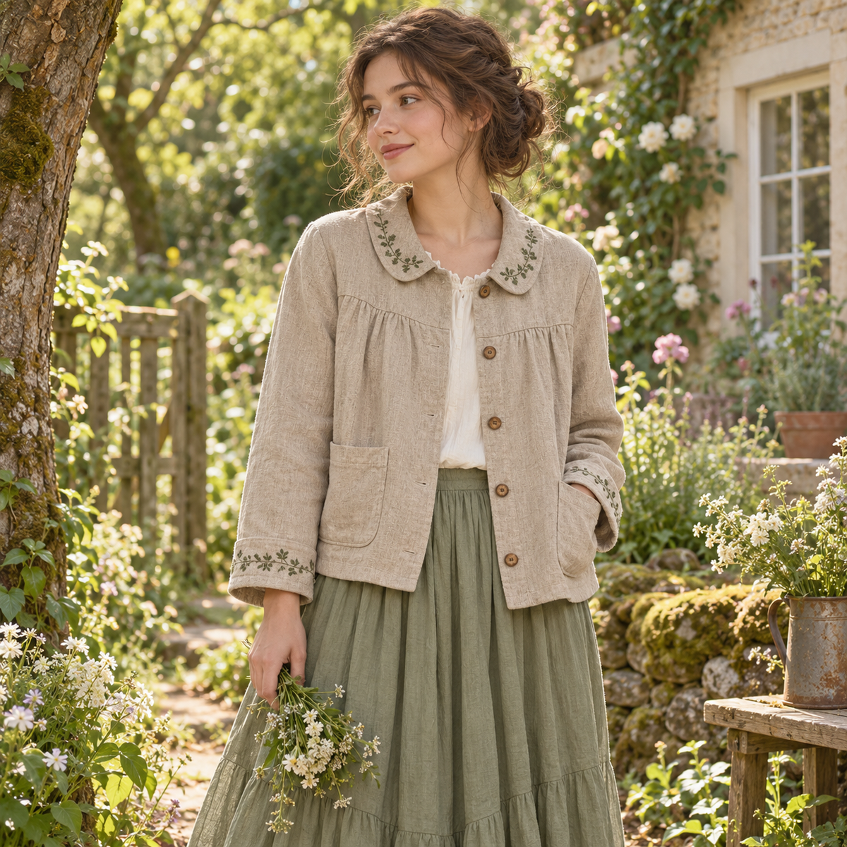 Mori Kei embroidered jacket styled with a sage skirt in a garden
