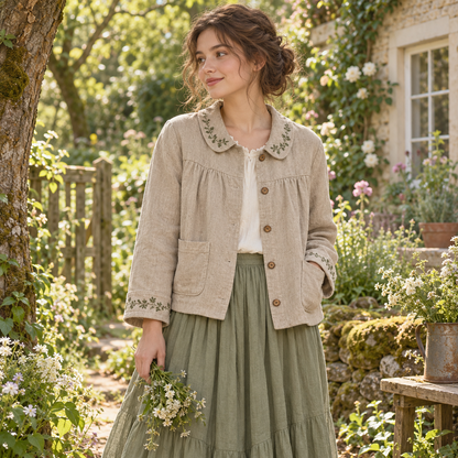 Mori Kei embroidered jacket styled with a sage skirt in a garden