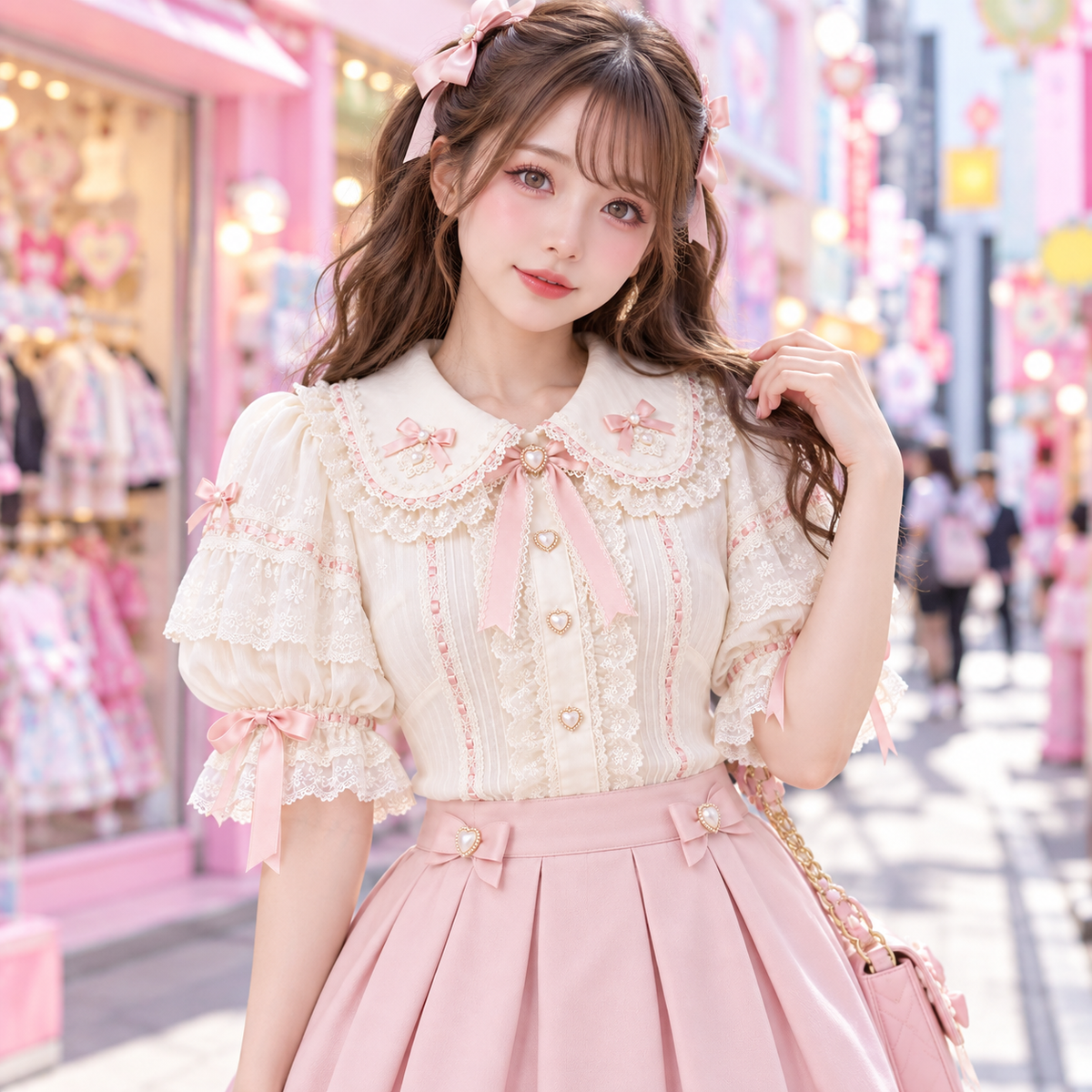 Harajuku street style model wearing an ivory lace blouse with pink bows