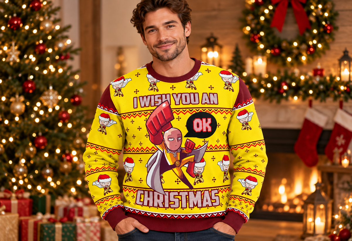 Saitama sweater worn in a professional holiday studio photoshoot