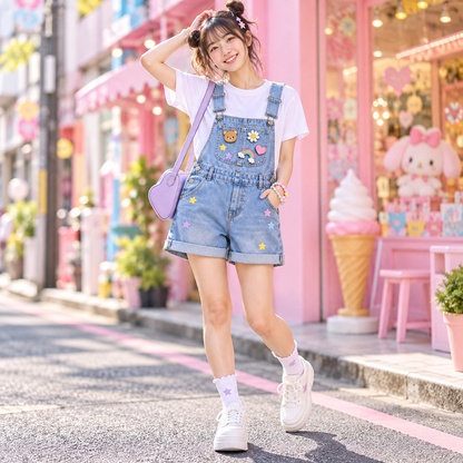 Model wearing Harajuku denim overall shorts with pastel accents