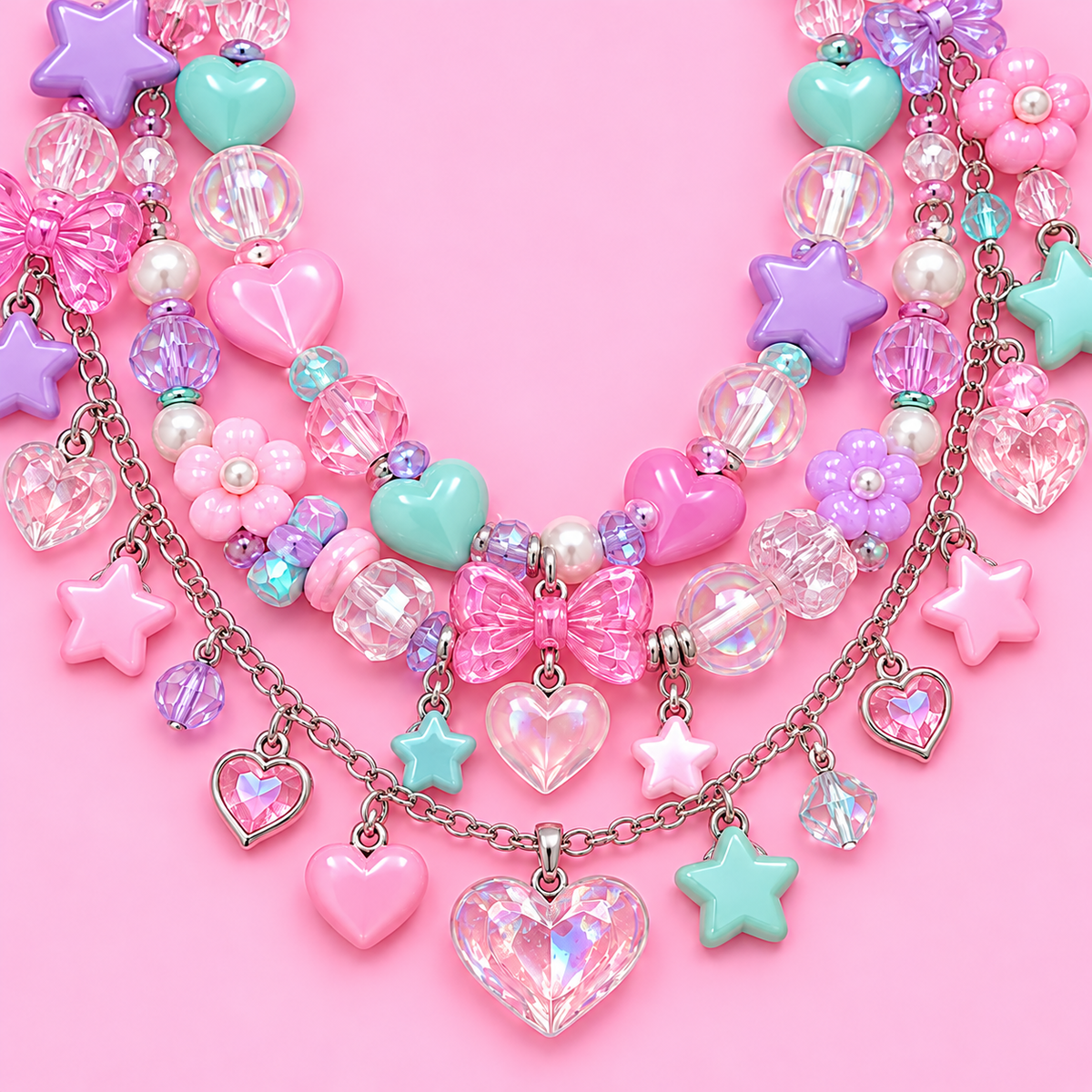 Close-up of pastel heart and star charms on a layered Harajuku necklace