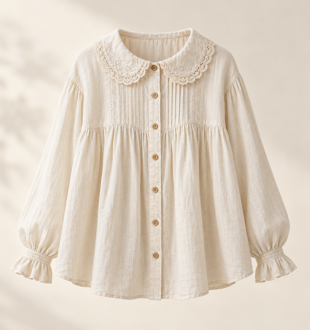 Cream Mori Kei blouse with lace collar, front view