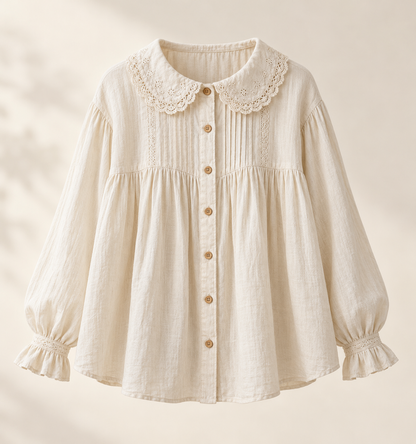 Cream Mori Kei blouse with lace collar, front view
