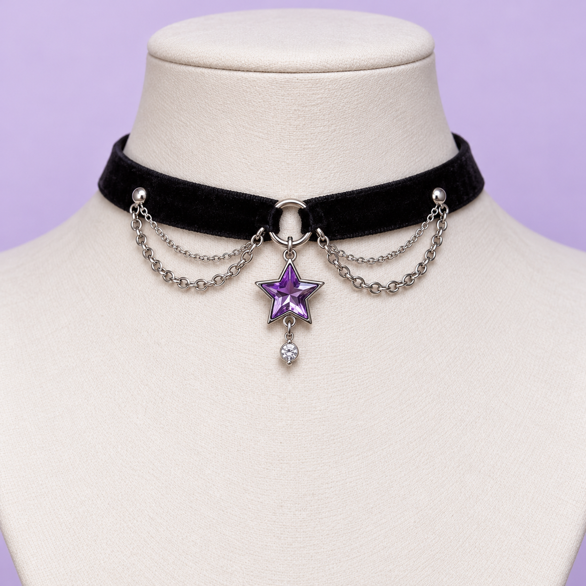 Violet star charm choker displayed on a jewelry bust