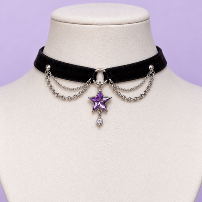 Violet star charm choker displayed on a jewelry bust