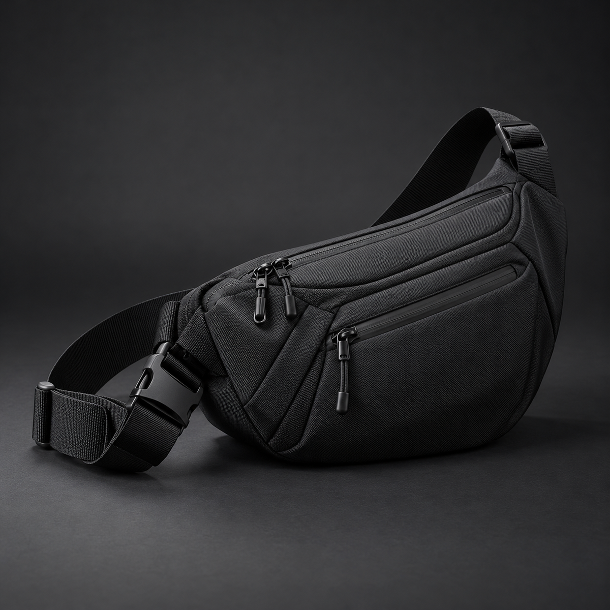Black technical crossbody sling bag with adjustable strap and zip compartments