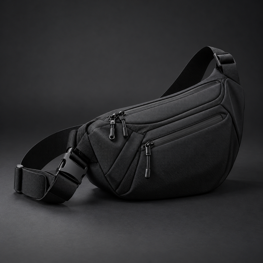 Black technical crossbody sling bag with adjustable strap and zip compartments