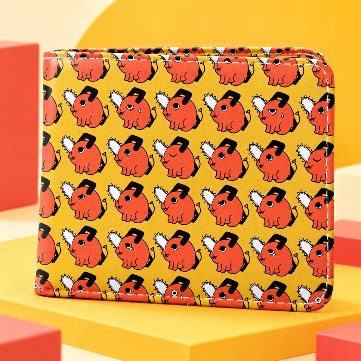 Pochita Expressions Anime Wallet in a bright yellow and cream product setting