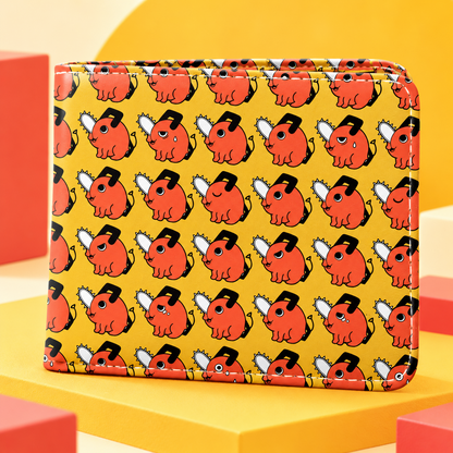 Pochita Expressions Anime Wallet in a bright yellow and cream product setting