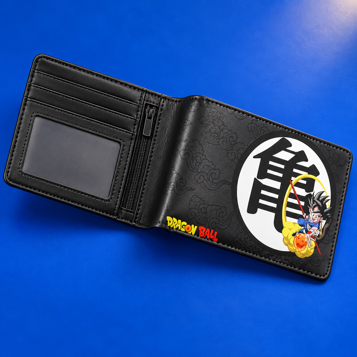 Open Son Goku Kanji wallet showing interior pockets and ID window