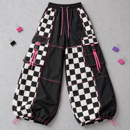 Black and white checkerboard Harajuku cargo pants with pink stitching