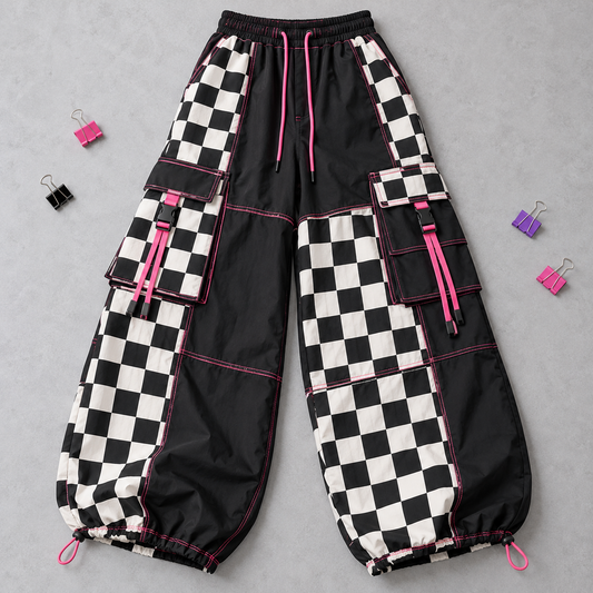 Black and white checkerboard Harajuku cargo pants with pink stitching