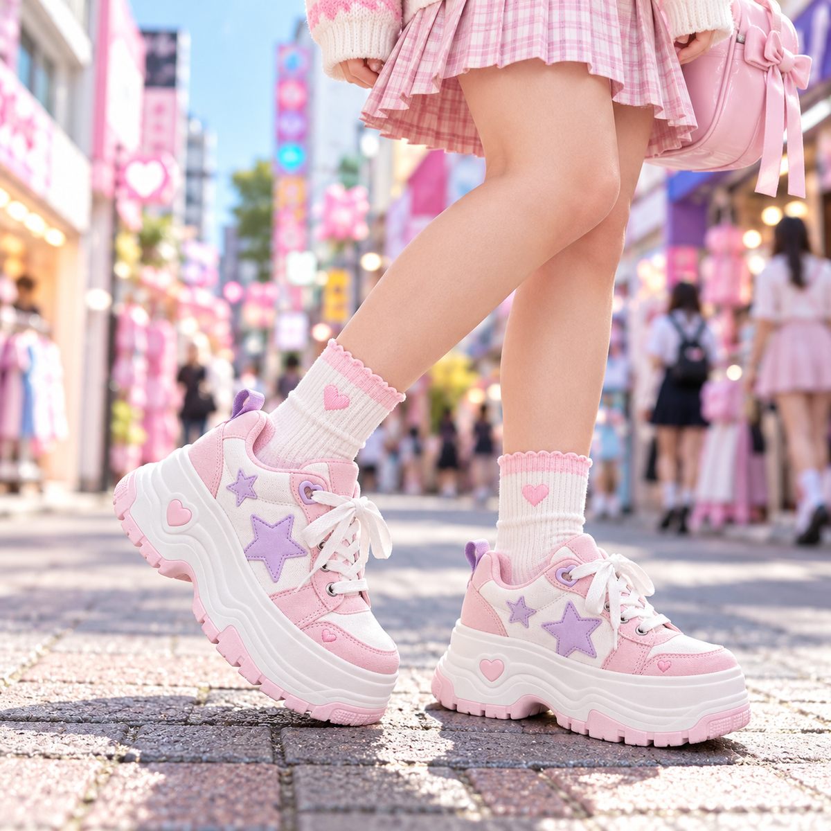 Harajuku outfit detail with pastel platform sneakers worn on a Tokyo street