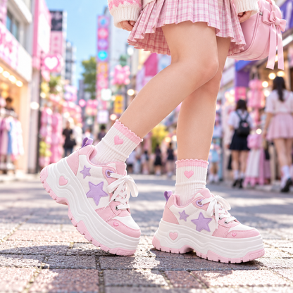 Harajuku outfit detail with pastel platform sneakers worn on a Tokyo street