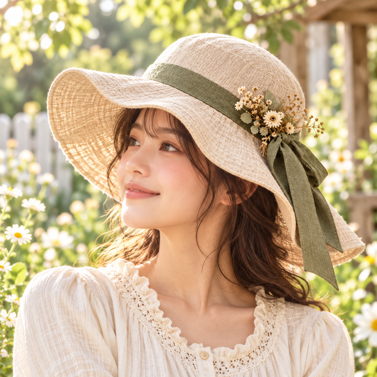 Oatmeal Mori Kei sun hat with olive ribbon styled on a model in a garden