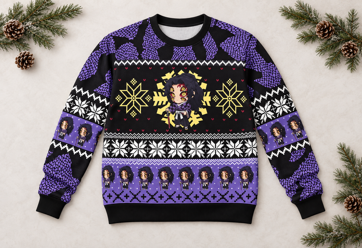 Kokushibo sweater arranged in a professional holiday flat lay