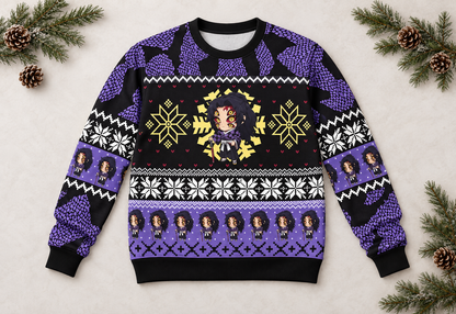 Kokushibo sweater arranged in a professional holiday flat lay