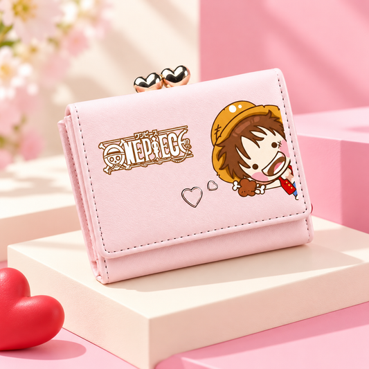 Kawaii Luffy Anime Wallet in a pink and cream product setting