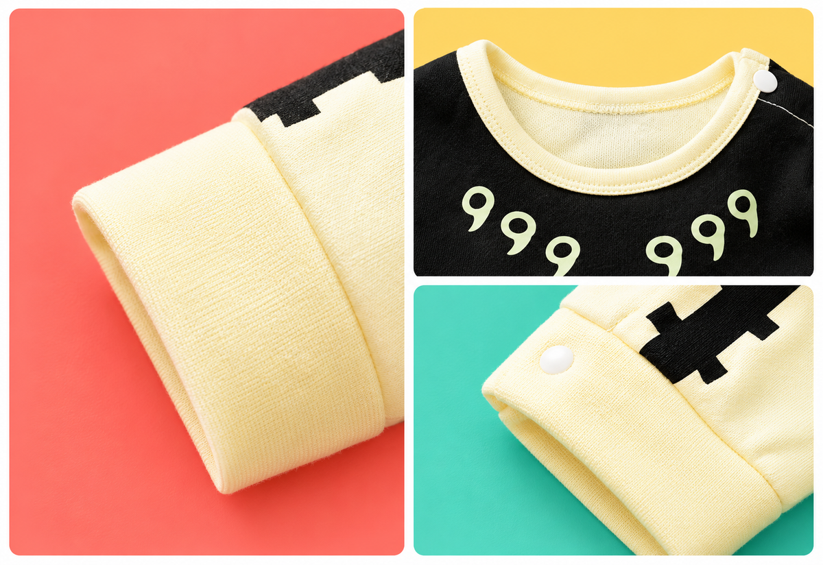 Colorful close-up collage of the cream romper's sleeve cuff, neckline, shoulder snap and leg opening