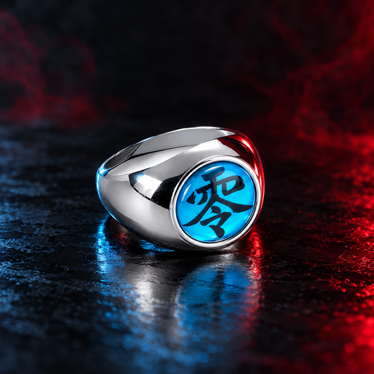 Pain Rei Akatsuki ring with cyan-blue 零 face on a blue and crimson-lit dark display