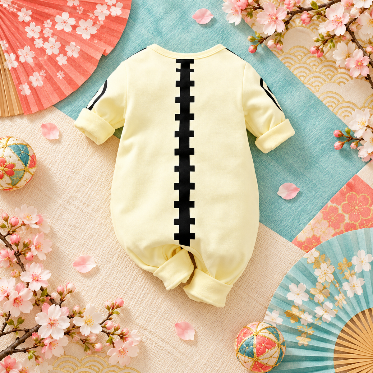Back view of the cream Sage of Six Paths baby romper with its black center detail