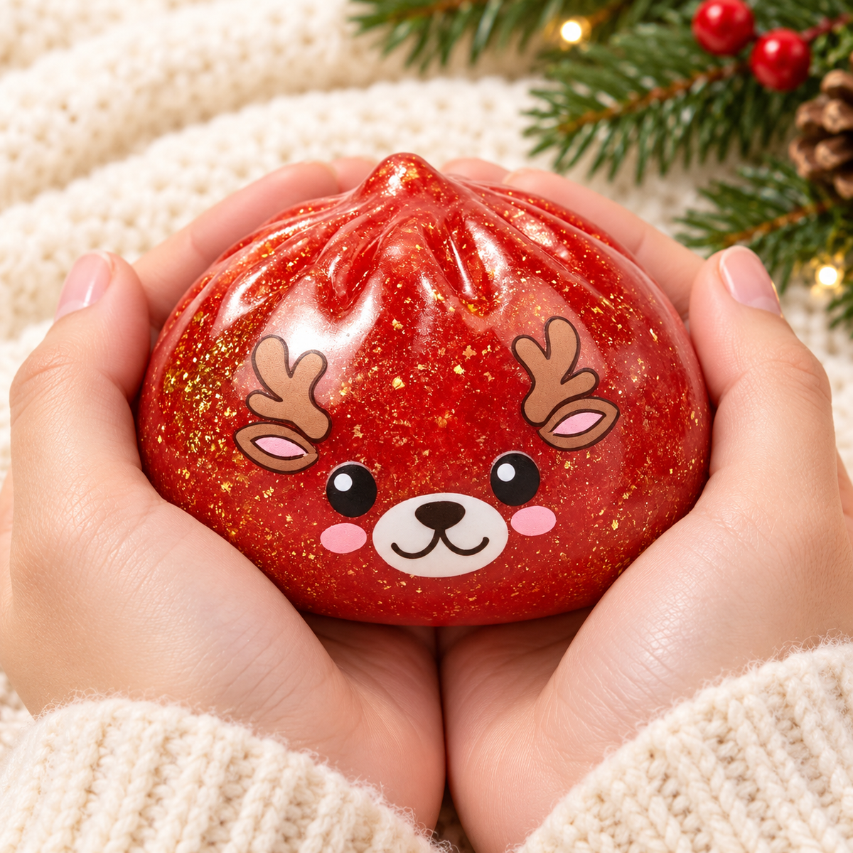 Close lifestyle view of red glitter reindeer dumpling squishy held gently in hands