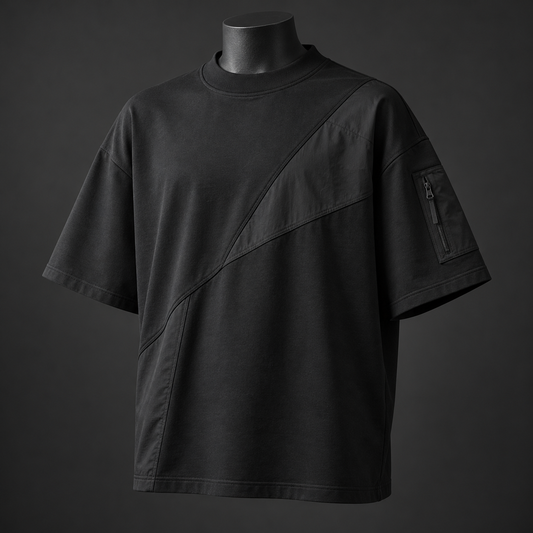 Oversized black techwear t-shirt with diagonal panel and sleeve zip pocket