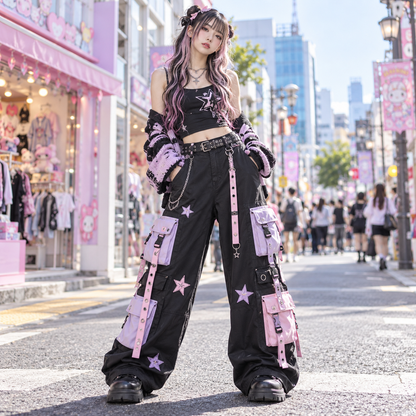 Model wearing black and pastel Harajuku cargo pants in Tokyo