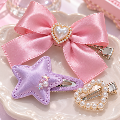 Close-up of satin bow and star and pearl heart Harajuku hair clips