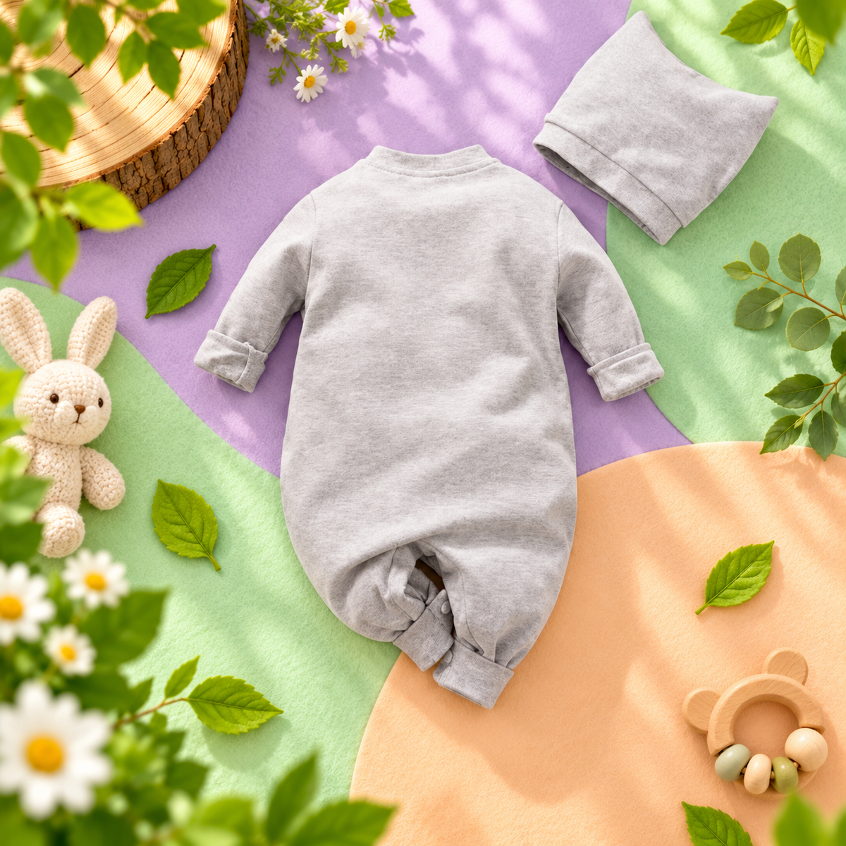 Vibrant back view of the light-gray Totoro-inspired baby romper