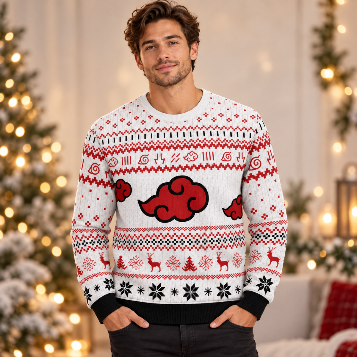Model wearing the white Akatsuki Clouds Christmas sweater with red cloud emblems