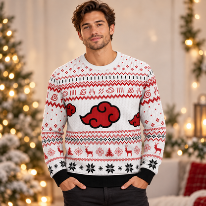 Model wearing the white Akatsuki Clouds Christmas sweater with red cloud emblems