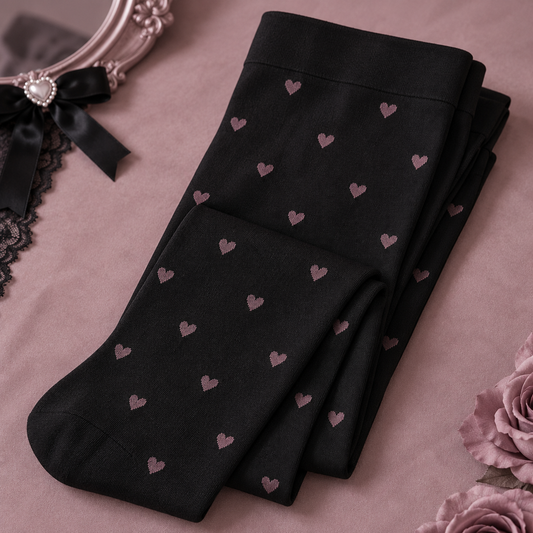 Black opaque Jirai Kei tights with dusty rose heart pattern