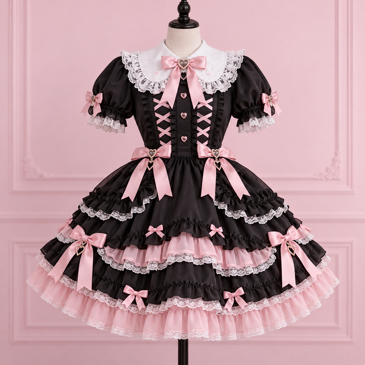 Black and pink Harajuku ruffle dress with lace collar and bows