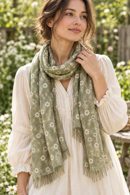 Sage floral Mori Kei scarf styled over a cream blouse