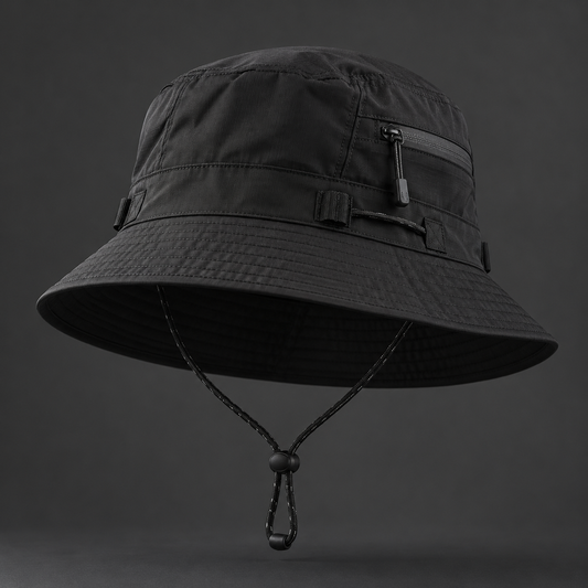 Black techwear bucket hat with side zip pocket and adjustable chin cord