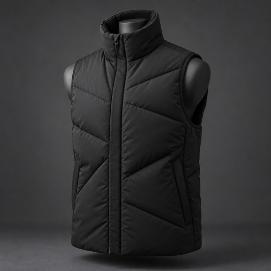 Black techwear puffer vest with high collar and geometric quilted panels