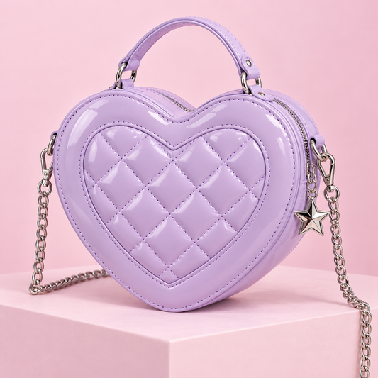 Pastel lavender quilted heart shoulder bag with chain strap and star charm