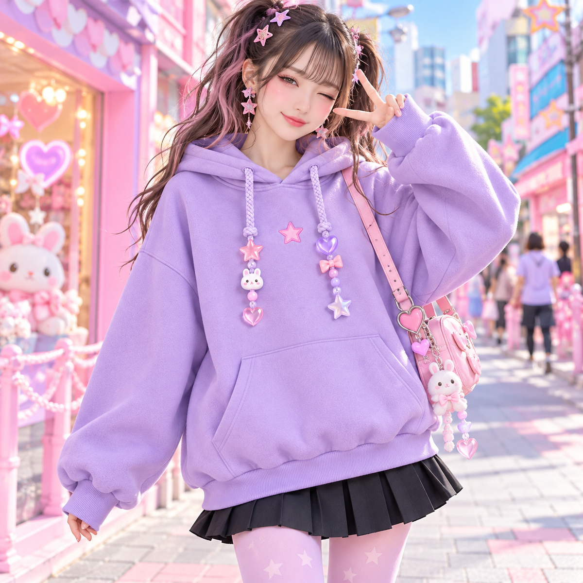 Lavender Harajuku hoodie styled with a black pleated skirt and pastel tights