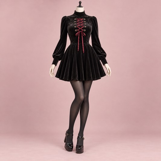 Black velvet-look Gyaru mini dress with crimson front lacing