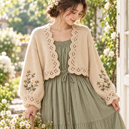 Oatmeal Mori Kei shrug styled over a muted sage dress