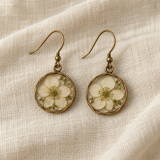 Pair of circular pressed flower look Mori Kei earrings