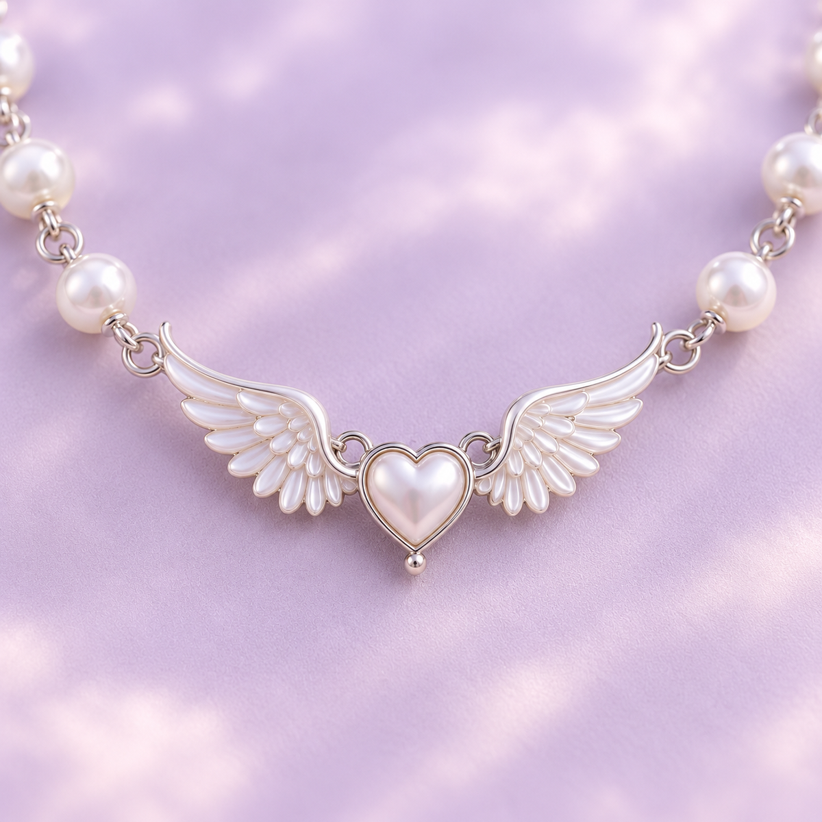 Close-up of the pearl beading and angel wing heart pendant
